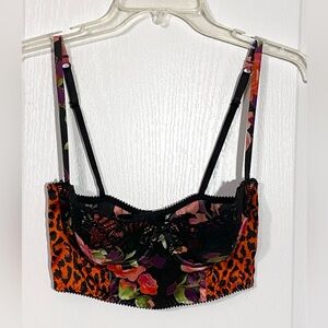Victoria's Secret Leopard and Rose Print Satin Black Lace Trim Bustier Bra 34D